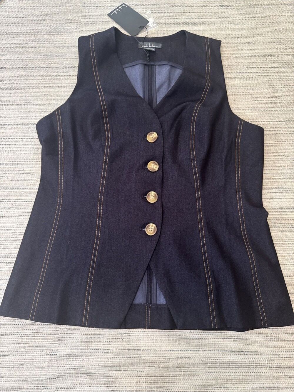 Dark Denim Waist Coat Vest Chic Sleek Contrast Stitch Size 10